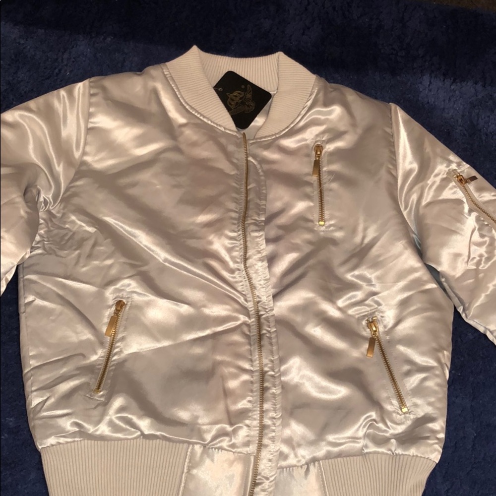 Silver varsity puffer jacket satin bomber zipper M